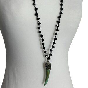 Black Beaded Necklace Faux Jade Wolf Tooth Horn Pendant Silver Tone 34" Long